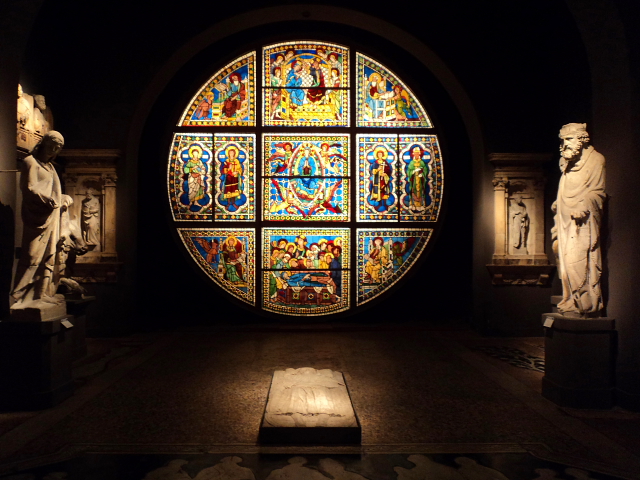 stained glass window stained glass window inside Museo dell'Opera, Siena