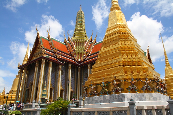 wat phra kaew chedi royal pantheon A golden chedi and the Royal Pantheon at Wat Phra Kaew in Bangkok, Thailand