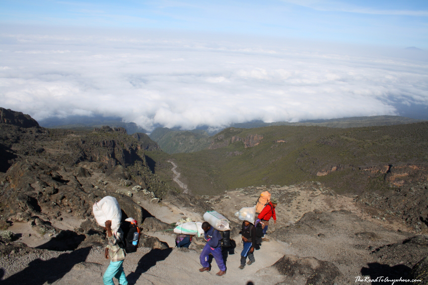 barafu barranco wall porters View of Barranco Valley from the top of the Great Barranco Wall on Mount Kilimanjaro, Tanzania