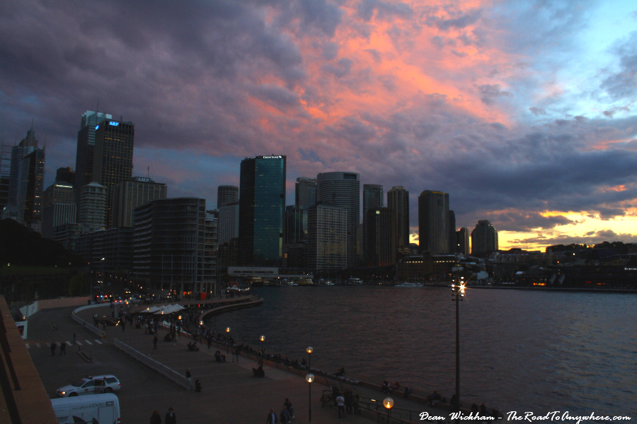 sydney city skyline pink skies Pink skies over Sydney City at sunset in Sydney, Australia